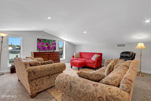living room with light colored carpet, vaulted ceiling, baseboards, plenty of natural light, and recessed lighting