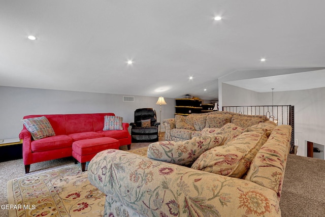 living area featuring carpet flooring, recessed lighting, and lofted ceiling