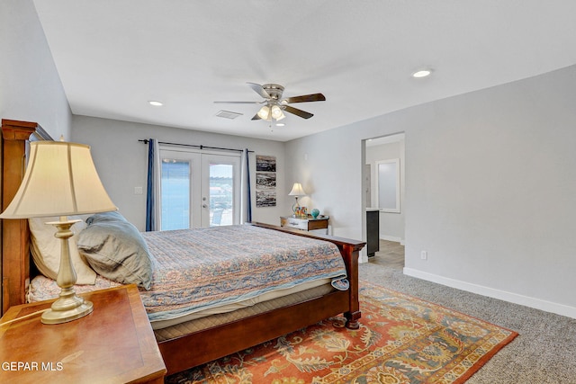 carpeted bedroom featuring access to outside, baseboards, french doors, a ceiling fan, and recessed lighting