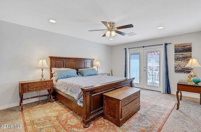 bedroom featuring access to exterior, french doors, light carpet, baseboards, and a ceiling fan