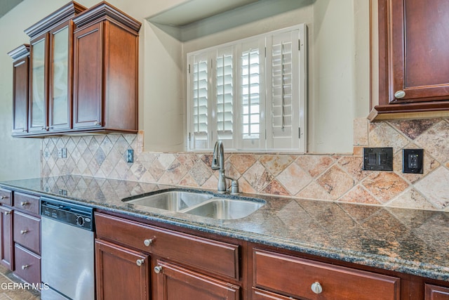 1403 Franklin Dell St, El Paso, TX 79912 - kitchen featuring stainless steel dishwasher, a sink, backsplash, and glass insert cabinets