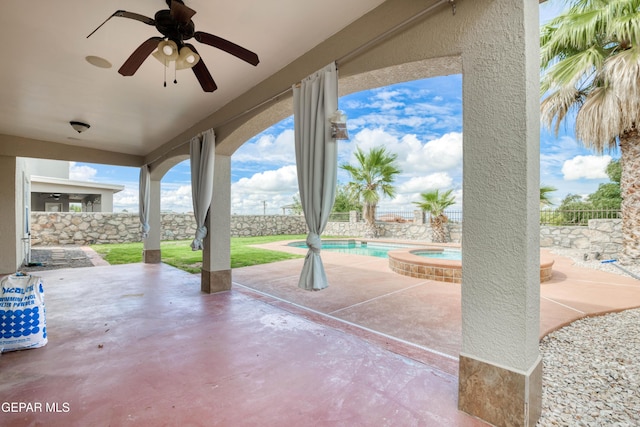 1403 Franklin Dell St, El Paso, TX 79912 - view of patio / terrace with a ceiling fan, a fenced backyard, and a pool with connected hot tub