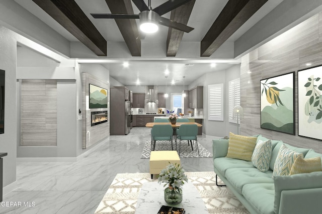 12627 Naes Way, El Paso, TX 79928 - living room featuring light marble finish floors, beam ceiling, a ceiling fan, baseboards, and a tiled fireplace