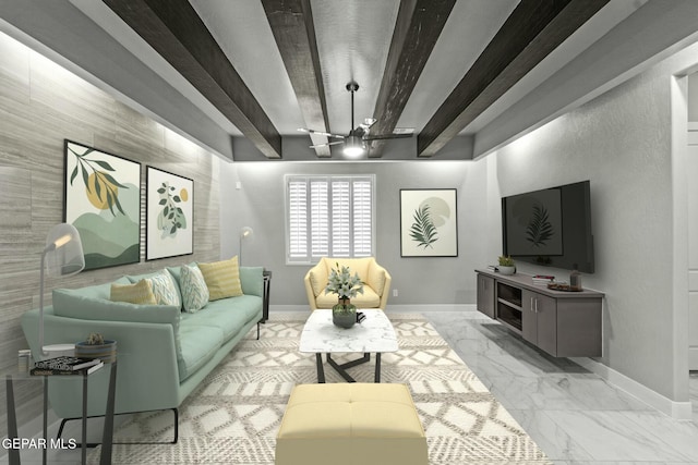 12627 Naes Way, El Paso, TX 79928 - living room with baseboards, marble finish flooring, and beamed ceiling