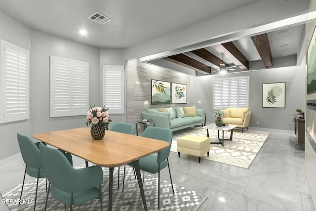 12627 Naes Way, El Paso, TX 79928 - dining room with marble look tiles, baseboards, a ceiling fan, and beamed ceiling