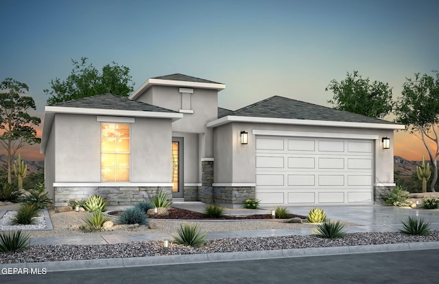 7461 Big Mountain Ct, El Paso, TX 79911 - view of front of house with stone siding, an attached garage, concrete driveway, and roof with shingles