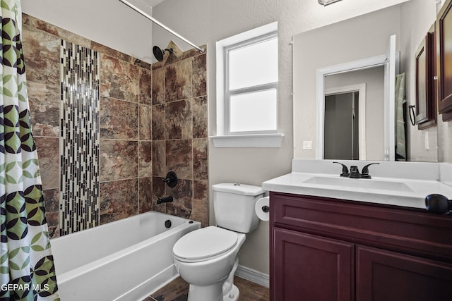full bath featuring shower / bath combination with curtain, toilet, and vanity