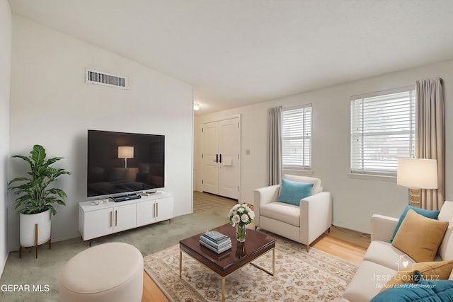living area featuring carpet floors