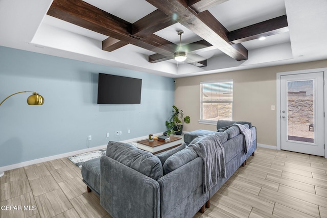 living room with coffered ceiling, baseboards, beam ceiling, wood tiled floors, and ceiling fan