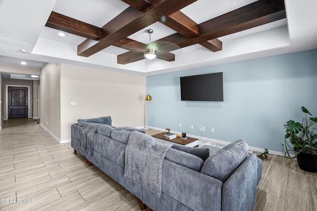 living room with coffered ceiling, baseboards, a ceiling fan, beam ceiling, and recessed lighting