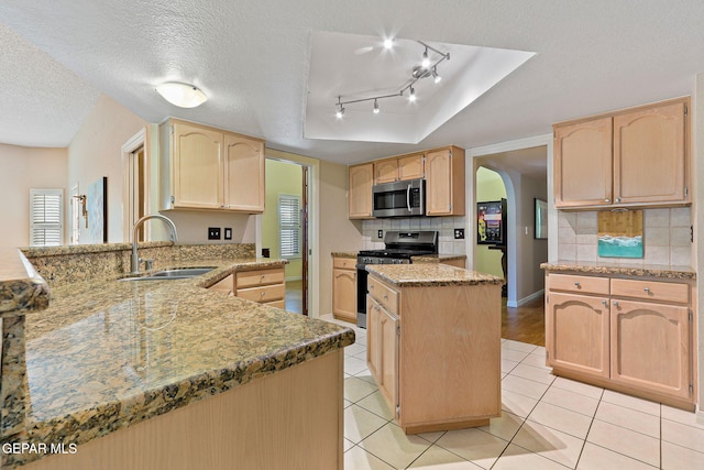 7008 Desert Canyon Dr, El Paso, TX 79912 - kitchen with stainless steel appliances, light brown cabinetry, a sink, a peninsula, and arched walkways