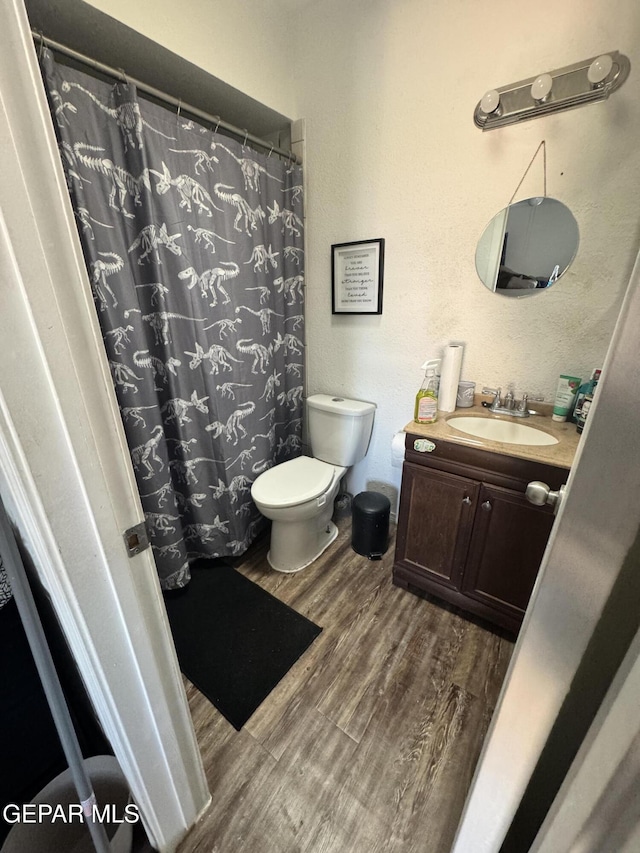 10620 Cuatro Vistas Dr Unit A, El Paso, TX 79935 - full bathroom with wood finished floors, toilet, vanity, and a shower with shower curtain