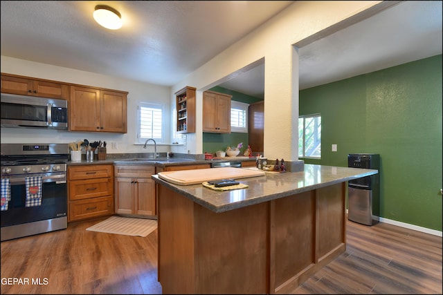 kitchen featuring stainless steel appliances, dark wood finished floors, a sink, a kitchen island, and dark stone counters