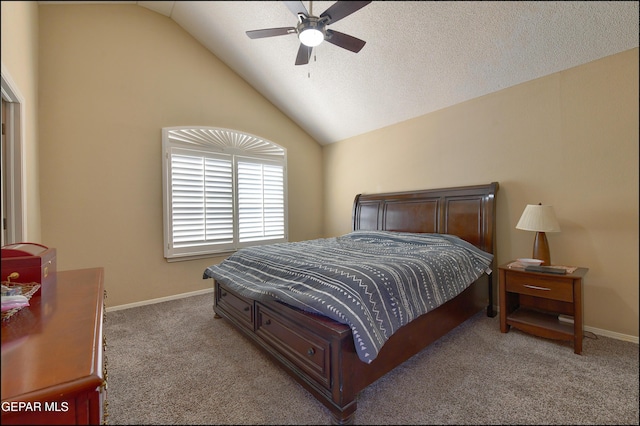 carpeted bedroom featuring lofted ceiling, baseboards, and a ceiling fan