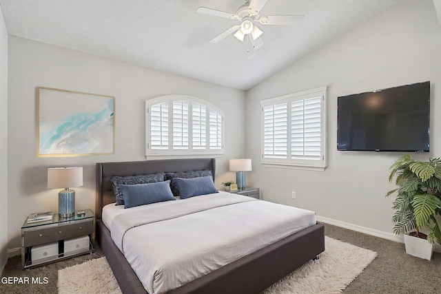 3136 Hawk Point Pl, El Paso, TX 79938 - carpeted bedroom featuring vaulted ceiling, baseboards, and ceiling fan