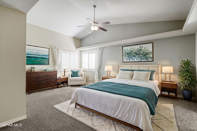 3136 Hawk Point Pl, El Paso, TX 79938 - bedroom featuring carpet flooring, vaulted ceiling, baseboards, and ceiling fan