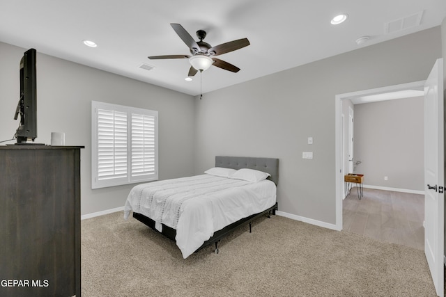 bedroom with carpet, recessed lighting, baseboards, and a ceiling fan