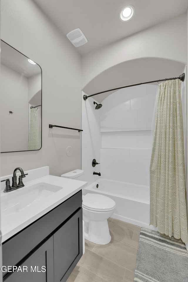 full bathroom featuring toilet, vanity, shower / tub combo, tile patterned floors, and recessed lighting