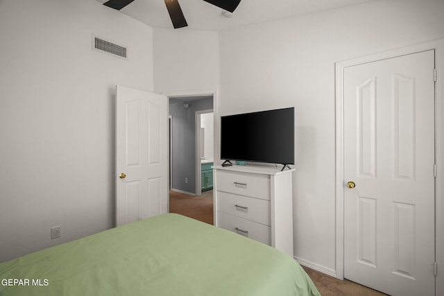 bedroom featuring carpet flooring, baseboards, and a ceiling fan