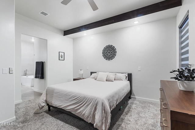 carpeted bedroom featuring baseboards, beam ceiling, recessed lighting, and ceiling fan