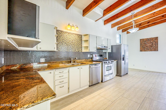 8024 Tonto Pl, El Paso, TX 79904 - kitchen with appliances with stainless steel finishes, a sink, under cabinet range hood, tasteful backsplash, and open shelves