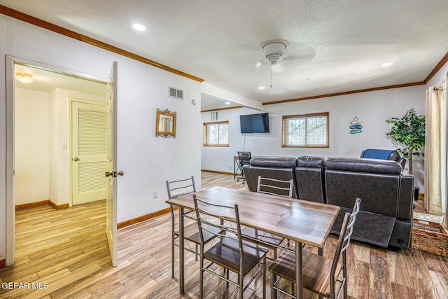 8024 Tonto Pl, El Paso, TX 79904 - dining space with crown molding, a ceiling fan, baseboards, light wood finished floors, and recessed lighting