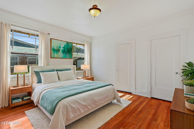 bedroom featuring multiple windows and light wood finished floors
