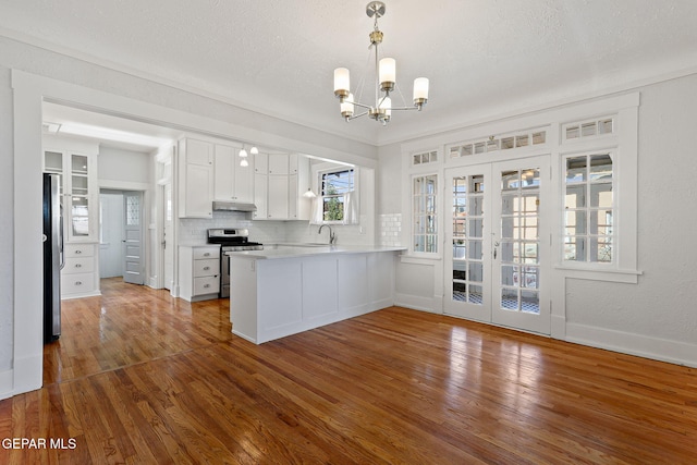 kitchen featuring stainless steel appliances, under cabinet range hood, white cabinetry, wood finished floors, and a chandelier