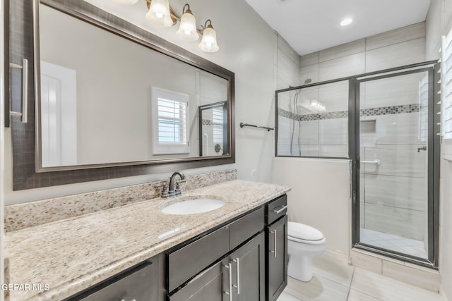 3096 Java Chip Pl, El Paso, TX 79938 - bathroom with toilet, vanity, a shower stall, and tile patterned flooring