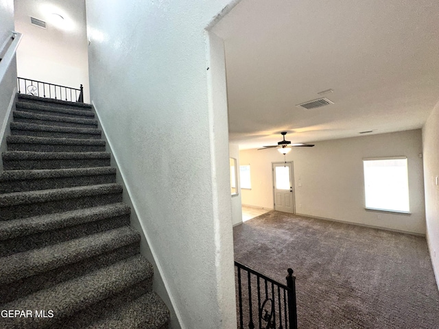13192 Lost Willow, El Paso, TX 79938 - stairway featuring ceiling fan, carpet flooring, a textured wall, and baseboards