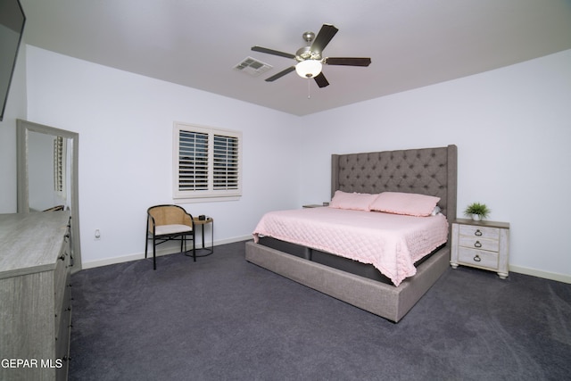 13673 Samlesbury Ave, Horizon City, TX 79928 - bedroom featuring dark carpet, baseboards, and ceiling fan