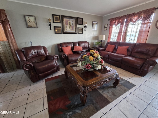 living area featuring light tile patterned flooring and ornamental molding