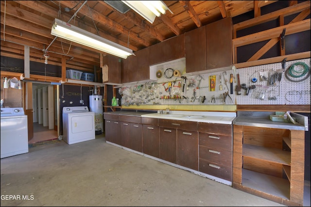miscellaneous room with washer / dryer, concrete floors, and water heater
