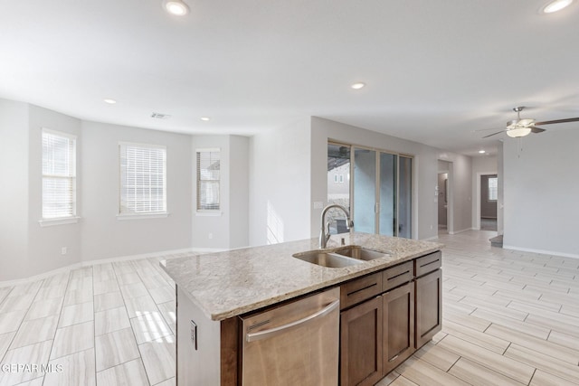 14813 Pebble Hills Blvd, El Paso, TX 79938 - kitchen with dishwasher, a sink, open floor plan, ceiling fan, and recessed lighting