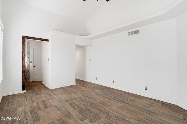 3400 Buffalo Soldier Cir, El Paso, TX 79936 - unfurnished room with high vaulted ceiling, wood finished floors, a ceiling fan, and baseboards