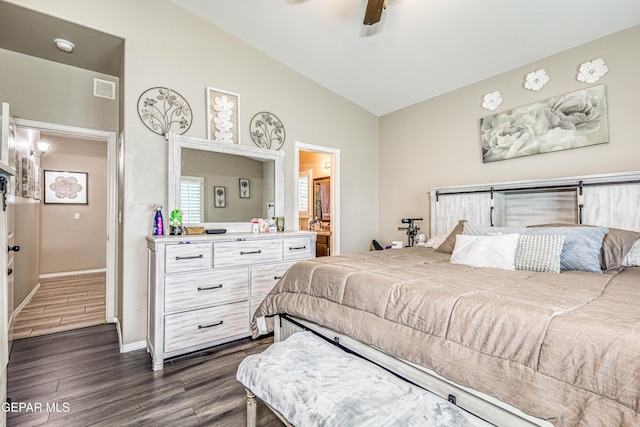 14837 Tierra Crystal Ave, El Paso, TX 79938 - bedroom with dark wood-style floors, baseboards, ensuite bath, high vaulted ceiling, and a ceiling fan