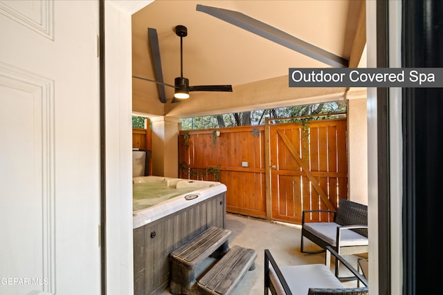 5051 Montoya Dr, El Paso, TX 79922 - bathroom featuring ceiling fan, concrete flooring, and high vaulted ceiling
