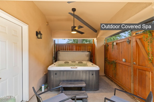 5051 Montoya Dr, El Paso, TX 79922 - view of patio / terrace featuring a hot tub, a ceiling fan, and fence