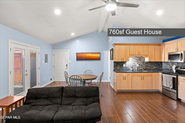 5051 Montoya Dr, El Paso, TX 79922 - kitchen with stainless steel appliances, light brown cabinetry, a sink, backsplash, and recessed lighting