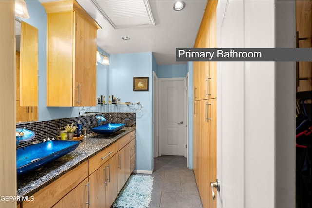5051 Montoya Dr, El Paso, TX 79922 - full bathroom featuring tile patterned floors, double vanity, backsplash, and recessed lighting