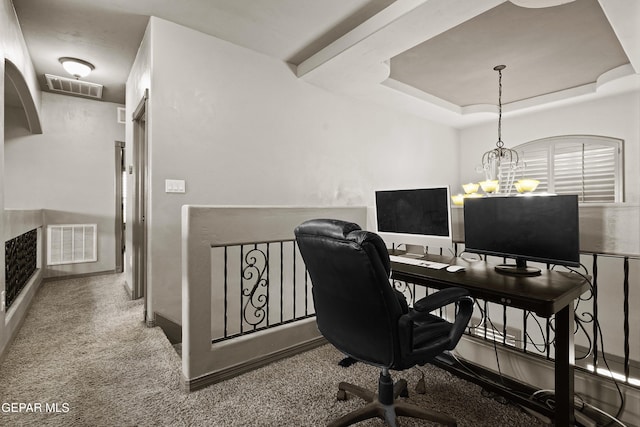 3089 Snowy Point Dr, El Paso, TX 79938 - carpeted home office with a raised ceiling, baseboards, and a chandelier