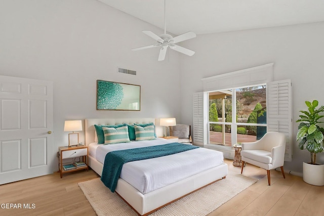 6140 Los Robles Dr, El Paso, TX 79912 - bedroom featuring high vaulted ceiling, light wood-type flooring, and ceiling fan