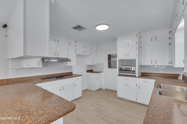 10125 Castletown Dr, El Paso, TX 79925 - kitchen with a sink, under cabinet range hood, black electric cooktop, backsplash, and a textured ceiling