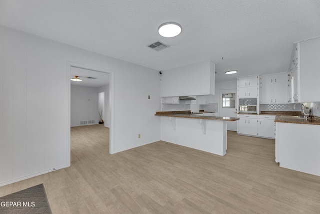 10125 Castletown Dr, El Paso, TX 79925 - kitchen featuring white cabinets, light wood-style flooring, a peninsula, under cabinet range hood, and backsplash