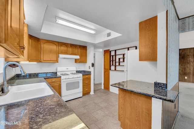 kitchen with white appliances, a sink, under cabinet range hood, and a tray ceiling