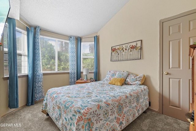 carpeted bedroom with vaulted ceiling and a textured ceiling