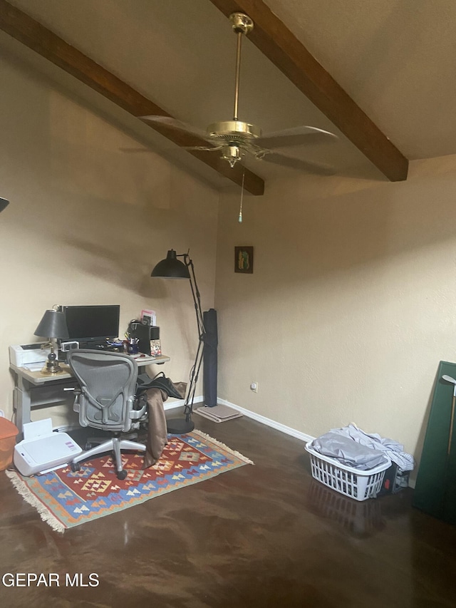office area featuring beam ceiling, a ceiling fan, and baseboards