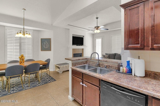 4729 Joseph Rodriguez Dr, El Paso, TX 79938 - kitchen featuring dishwasher, a sink, a tile fireplace, light tile patterned floors, and ceiling fan