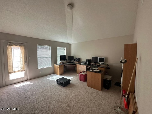 carpeted office space with healthy amount of natural light, a textured ceiling, and lofted ceiling