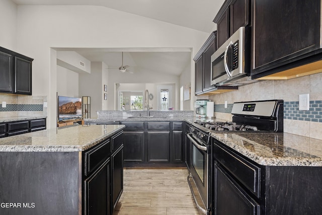 7421 Dewberry Dr, El Paso, TX 79911 - kitchen featuring stainless steel appliances, lofted ceiling, a sink, decorative backsplash, and light wood-style flooring
